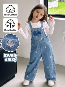SHEIN Vintaside Kids 少女休閒百搭牛仔吊帶褲，四季皆宜，復古淺藍牛仔色搭配雛菊與向日葵刺繡，寬鬆直筒版型，舒適純棉牛仔布，日常穿著時尚百搭套裝 - 中等水洗藍 - 查看 5