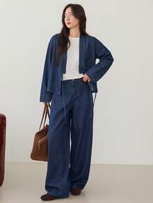 Dazy-Less Setelan Jaket Denim Pendek dan Rok Denim Warna Biru Tua Musim Gugur untuk Acara Santai Sehari-hari, Cocok untuk Makan Siang atau Makan Malam. - Medium Wash - View 1