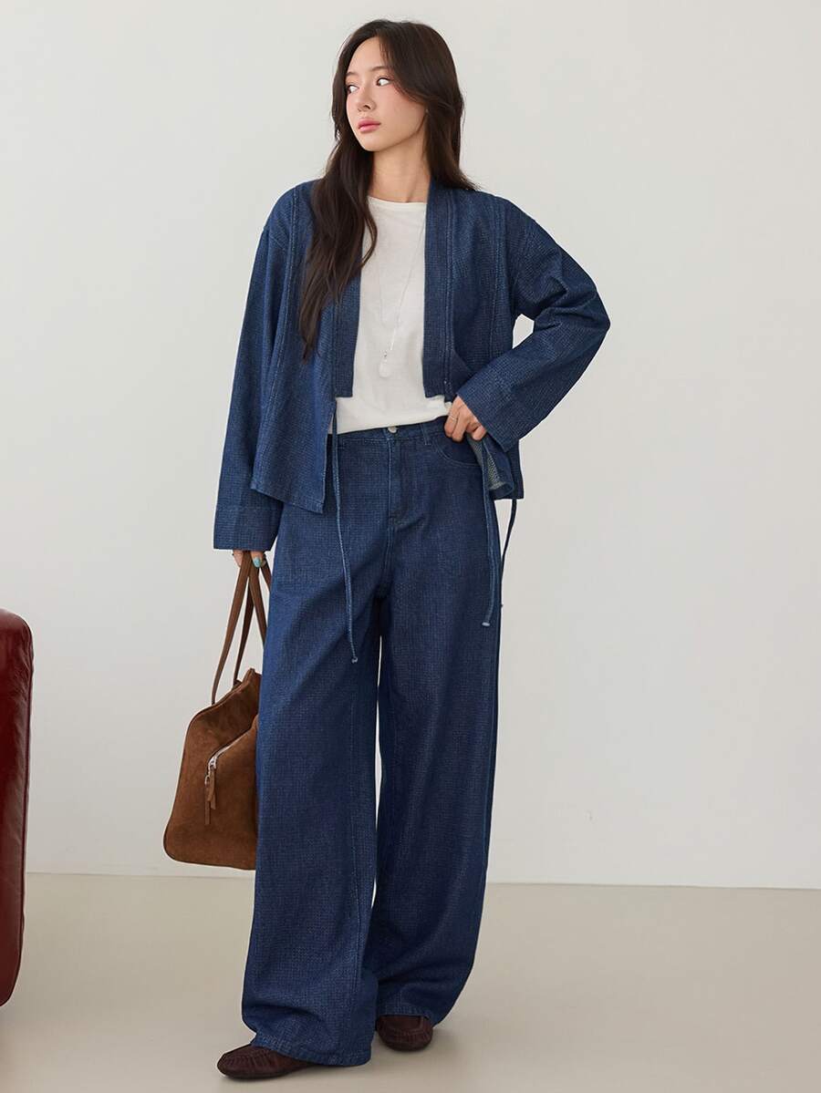 Dazy-Less Setelan Jaket Denim Pendek dan Rok Denim Warna Biru Tua Musim Gugur untuk Acara Santai Sehari-hari, Cocok untuk Makan Siang atau Makan Malam. - Medium Wash - View 1