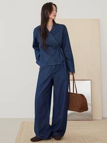 Dazy-Less Setelan Jaket Denim Pendek dan Rok Denim Warna Biru Tua Musim Gugur untuk Acara Santai Sehari-hari, Cocok untuk Makan Siang atau Makan Malam. - Medium Wash - View 5