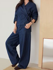 Dazy-Less Setelan Jaket Denim Pendek dan Rok Denim Warna Biru Tua Musim Gugur untuk Acara Santai Sehari-hari, Cocok untuk Makan Siang atau Makan Malam. - Medium Wash - View 4
