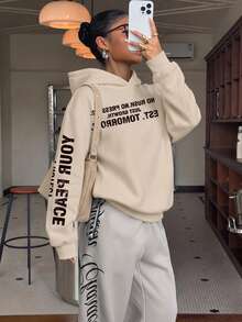 Muchica 女款全印花連帽衛衣，胸前與袖子不對稱英文圖案設計，學院風返校校園穿搭社團服飾，青年休閒風，街頭時尚，高端極簡酷帥機車工裝風，Y2K時尚 - 彩色 - 查看 5