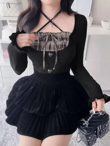 FRIFUL Women's Autumn Patchwork Plaid Frill Trim Slim Fit T-Shirt - Black - View 3