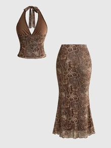 ROMWE Hippie Atasan model halter motif leopard dan rok model mermaid. - MultiWarna - View 2