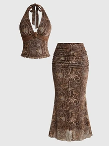 ROMWE Hippie Atasan model halter motif leopard dan rok model mermaid. - MultiWarna - View 1