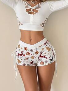 SHEIN ICON 女士圣诞假日驯鹿印花纽扣设计休闲短裤 - 彩色 - 查看 1