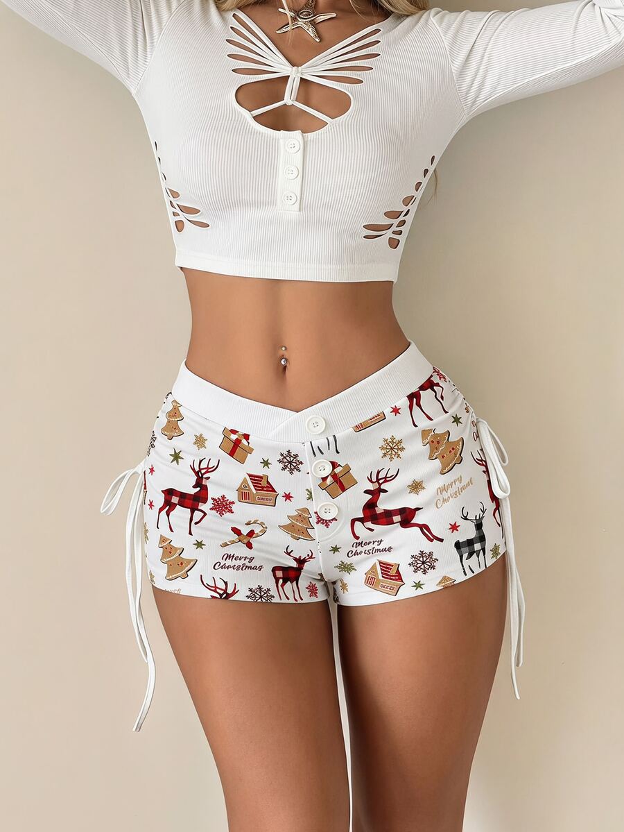 SHEIN ICON 女士圣诞假日驯鹿印花纽扣设计休闲短裤 - 彩色 - 查看 1