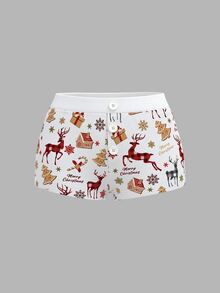 SHEIN ICON 女士圣诞假日驯鹿印花纽扣设计休闲短裤 - 彩色 - 查看 4