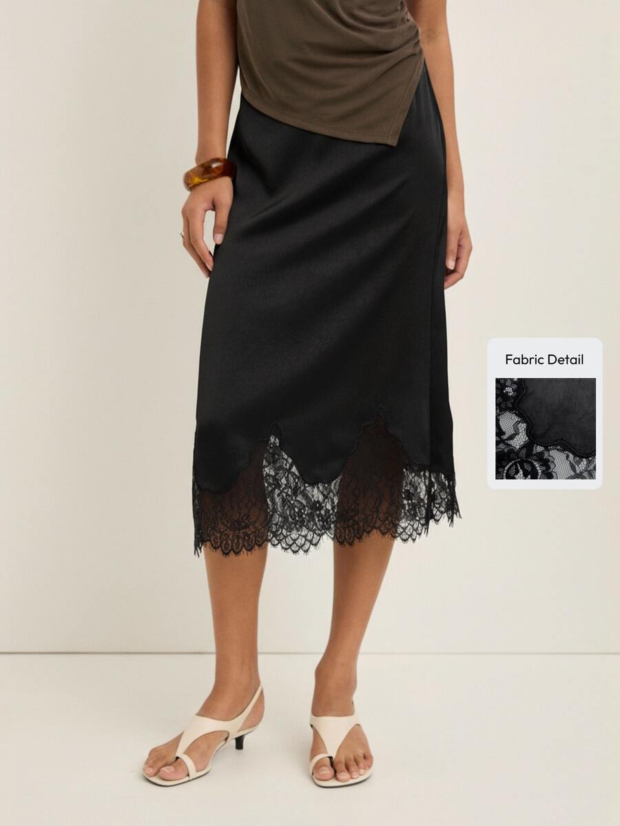 Nöista Lace Hem Midi Skirt With Elegant Silhouette And Delicate Lace Detailing. Perfect For Wedding Guest Looks, Parties, Evening Events - Black - View 1