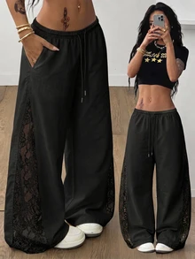 Coolane Women's Summer All-Season Streetwear Sexy Y2k Going Out Casual Back To School Black Contrast Lace Low Rise Wide Leg Pants Fall Outfits For Women - Black - View 2