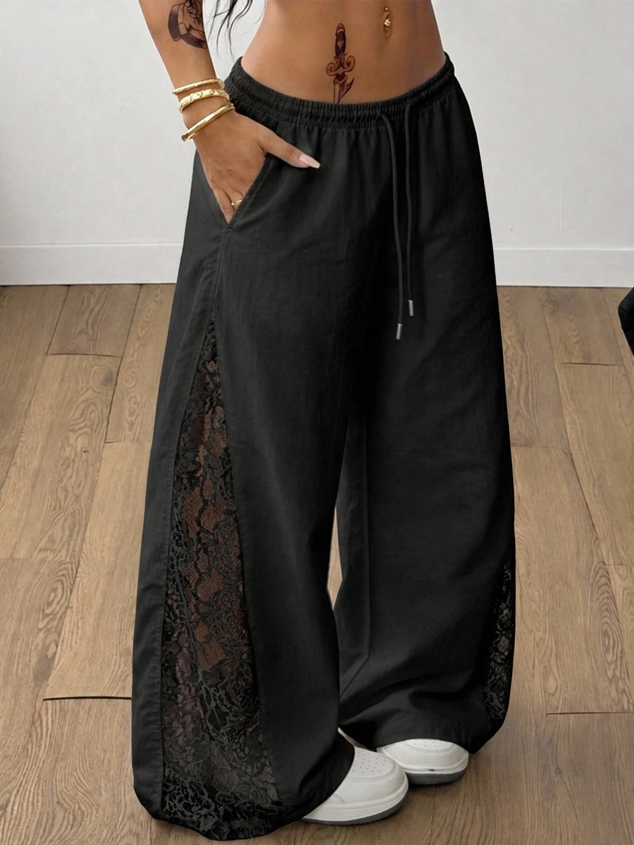 Coolane Women's Summer All-Season Streetwear Sexy Y2k Going Out Casual Back To School Black Contrast Lace Low Rise Wide Leg Pants Fall Outfits For Women - Black - View 1