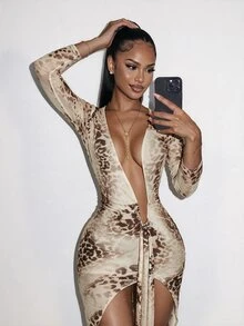 Amplova Gaun Mini Seksi Wanita Motif Leopard dengan Belahan V Dalam - Coklat - View 4