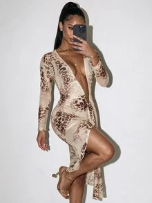 Amplova Gaun Mini Seksi Wanita Motif Leopard dengan Belahan V Dalam - Coklat - View 2