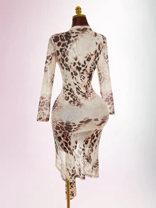 Amplova Gaun Mini Seksi Wanita Motif Leopard dengan Belahan V Dalam - Coklat - View 13