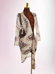 Amplova Gaun Mini Seksi Wanita Motif Leopard dengan Belahan V Dalam - Coklat - View 9