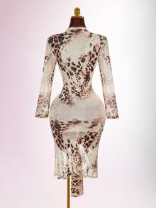 Amplova Gaun Mini Seksi Wanita Motif Leopard dengan Belahan V Dalam - Coklat - View 6