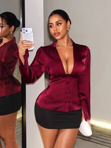 BamGleam Women's Backless Lace Trim Deep V-Neck Burgundy Satin Blouse Date Night Party Summer Elegant Sexy - Burgundy - View 10