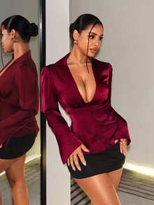 BamGleam Women's Backless Lace Trim Deep V-Neck Burgundy Satin Blouse Date Night Party Summer Elegant Sexy - Burgundy - View 9