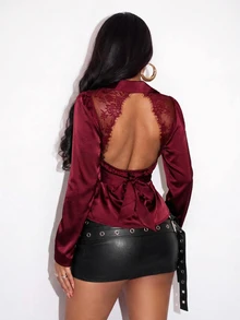 BamGleam Women's Backless Lace Trim Deep V-Neck Burgundy Satin Blouse Date Night Party Summer Elegant Sexy - Burgundy - View 3