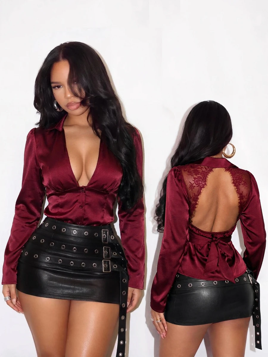 BamGleam Women's Backless Lace Trim Deep V-Neck Burgundy Satin Blouse Date Night Party Summer Elegant Sexy