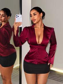 BamGleam Women's Backless Lace Trim Deep V-Neck Burgundy Satin Blouse Date Night Party Summer Elegant Sexy - Burgundy - View 8