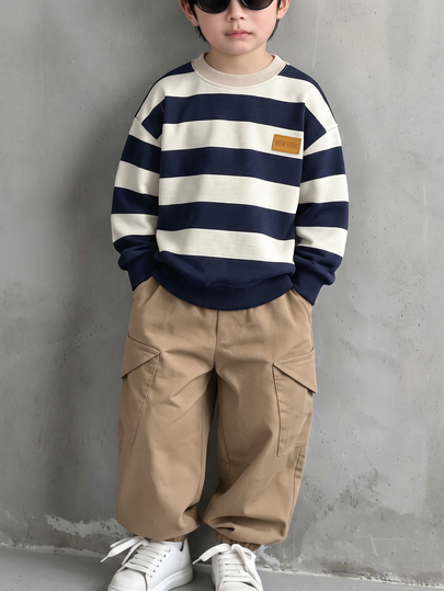 Genkimix Kids 2pcs/Set Young Boy Casual Sports College Street Style Cute Cool Graphic Three-Panel Striped Sweatshirt + Pants, Suitable For Daily Wear, School, Outings, Sports, Spring And Autumn Seasons, Overall Design Is Simple And Elegant, Comfortable And Fashionable, Showcasing A Casual Fashionable Image, A Practical And Fashionable Choice For Boys' Wardrobe