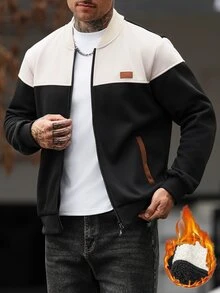 Manfinity CasualCool 男士拼色拼接棒球夾克，厚抓絨內裡立領拉鍊夾克，休閒寬鬆街頭風外套，秋冬聖誕款飛行夾克 - 彩色 - 查看 6