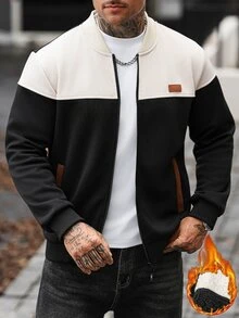 Manfinity CasualCool 男士拼色拼接棒球夾克，厚抓絨內裡立領拉鍊夾克，休閒寬鬆街頭風外套，秋冬聖誕款飛行夾克 - 彩色 - 查看 5