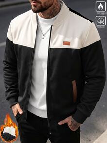 Manfinity CasualCool 男士拼色拼接棒球夾克，厚抓絨內裡立領拉鍊夾克，休閒寬鬆街頭風外套，秋冬聖誕款飛行夾克 - 彩色 - 查看 1