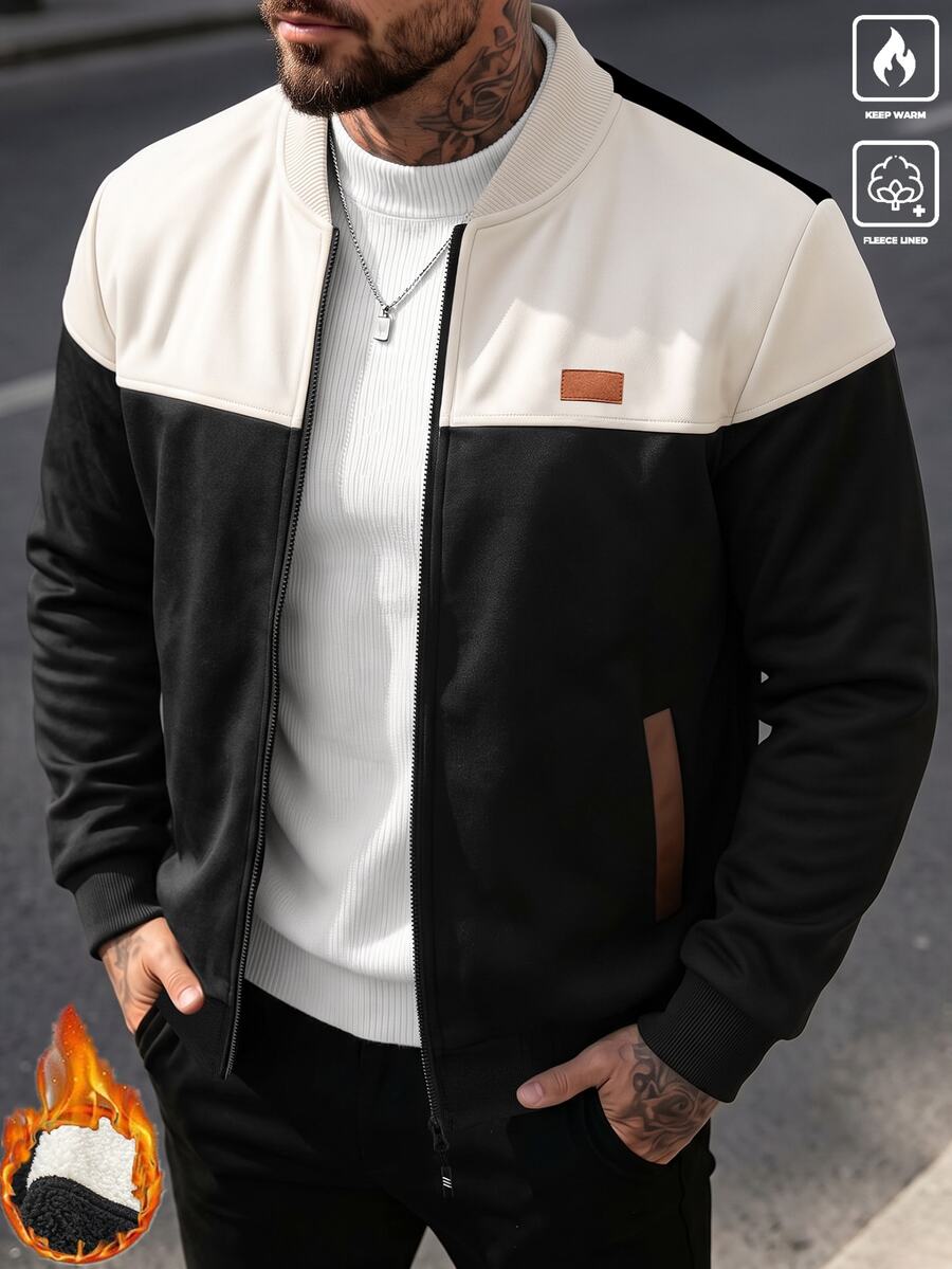 Manfinity CasualCool 男士拼色拼接棒球夾克,厚抓絨內裡立領拉鍊夾克,休閒寬鬆街頭風外套,秋冬聖誕款飛行夾克 - 彩色 - 查看 1