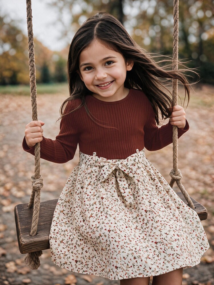 Emery Rose Kids Emery Rose Kids Gaun Rajut Lengan Panjang Motif Bunga Lucu untuk Anak Perempuan, Gaun Musim Dingin Hitam - Coklat - View 1