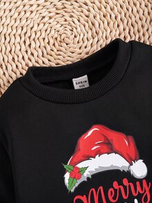 SHEIN 兒童小男孩睡衣 紅鹿聖誕圖案 休閒簡約 修身舒適 長袖圓領長褲家居服 適合四季穿著 - 紅白色 - 查看 4
