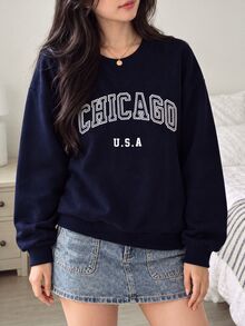 Teen Girl Fall Round Neck Letter Print Long Sleeve Street Style Sweatshirt Autumn , Holiday - Royal Blue - View 3