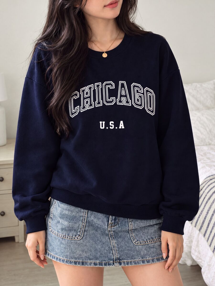 Teen Girl Fall Round Neck Letter Print Long Sleeve Street Style Sweatshirt Autumn , Holiday