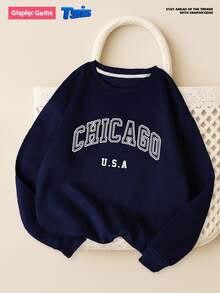 Teen Girl Fall Round Neck Letter Print Long Sleeve Street Style Sweatshirt Autumn , Holiday - Royal Blue - View 1