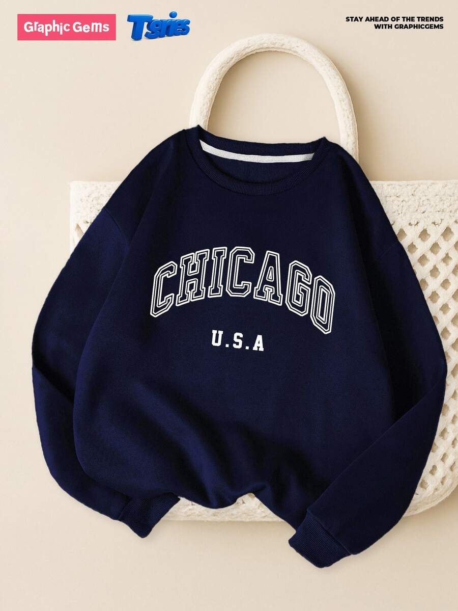 Teen Girl Fall Round Neck Letter Print Long Sleeve Street Style Sweatshirt Autumn , Holiday - Royal Blue - View 1