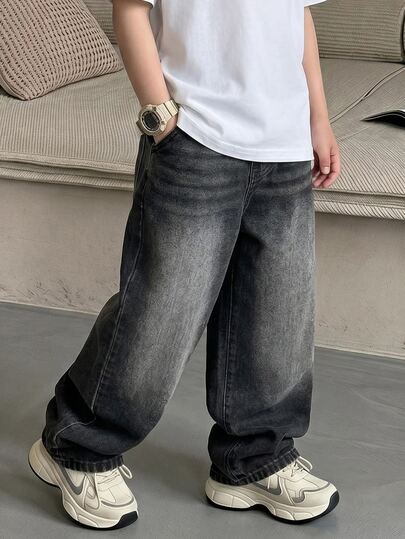 SHEIN Casuvi Kids 青少年男孩復古街頭風休閒基礎款寬鬆直筒牛仔褲，學院風，適合學校、校園、大學，夏季假期與秋季，黑色