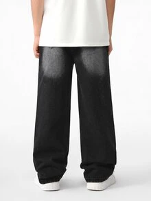 SHEIN Casuvi Kids 青少年男孩復古做舊街頭風寬鬆直筒牛仔褲，學院風，適合學校、夏季假期與秋季，深色水洗 - 黑色 - 查看 3