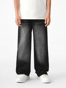 SHEIN Casuvi Kids 青少年男孩復古做舊街頭風寬鬆直筒牛仔褲，學院風，適合學校、夏季假期與秋季，深色水洗 - 黑色 - 查看 7