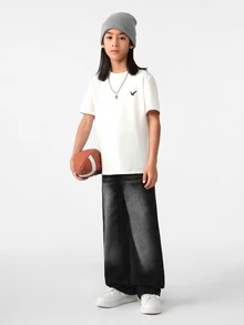 SHEIN Casuvi Kids 青少年男孩復古做舊街頭風寬鬆直筒牛仔褲，學院風，適合學校、夏季假期與秋季，深色水洗 - 黑色 - 查看 8