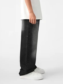 SHEIN Casuvi Kids 青少年男孩復古做舊街頭風寬鬆直筒牛仔褲，學院風，適合學校、夏季假期與秋季，深色水洗 - 黑色 - 查看 9