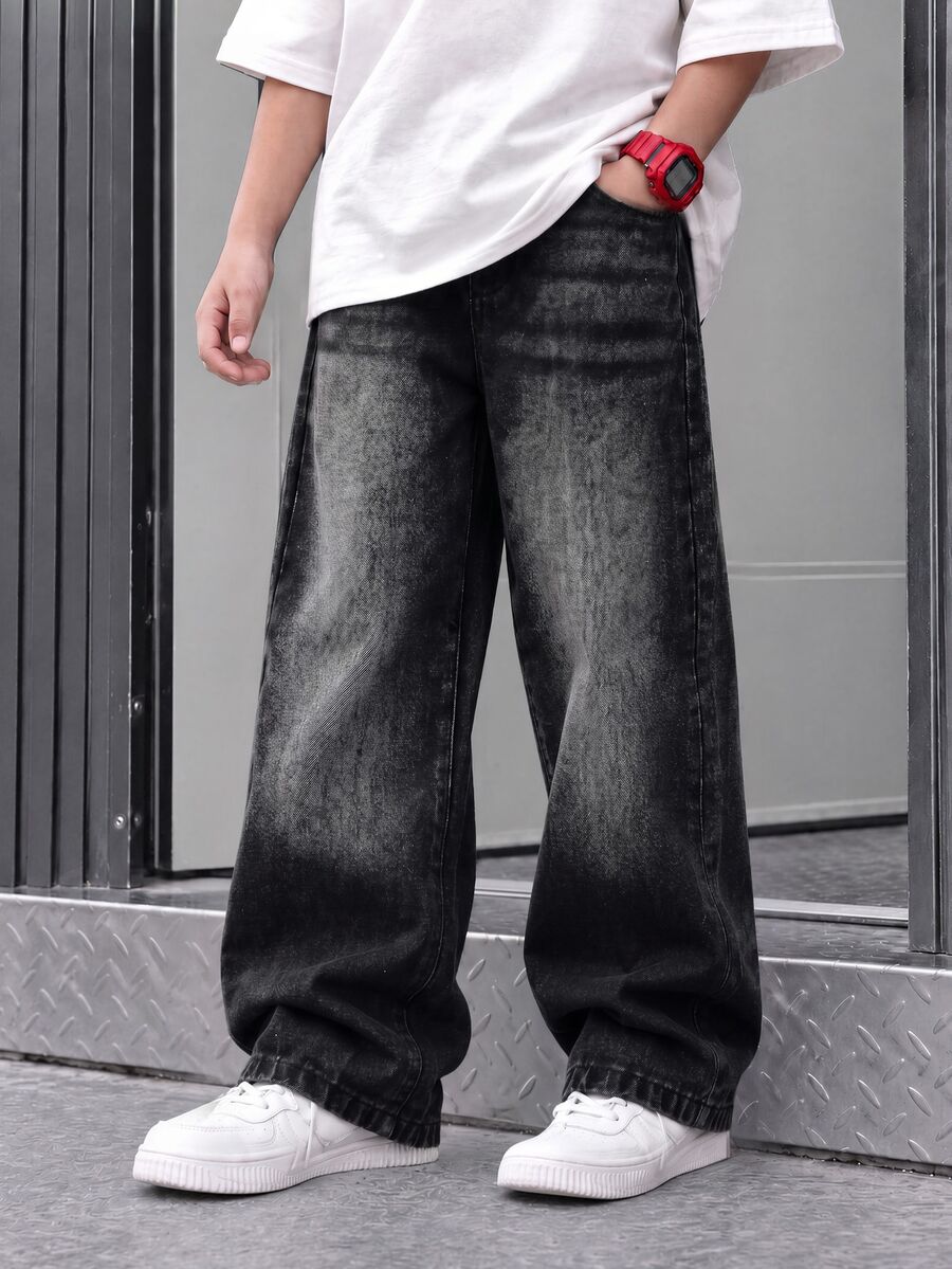 SHEIN Casuvi Kids 青少年男孩復古做舊街頭風寬鬆直筒牛仔褲，學院風，適合學校、夏季假期與秋季，深色水洗