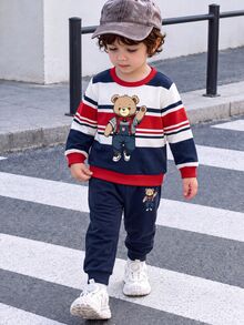SHEIN Playful Pals 男嬰運動衫與配套運動長褲秋季套裝，舒適家庭裝，聖誕節紅色與白色格紋海軍藍休閒可愛叢林風生日裝 - 彩色 - 查看 2