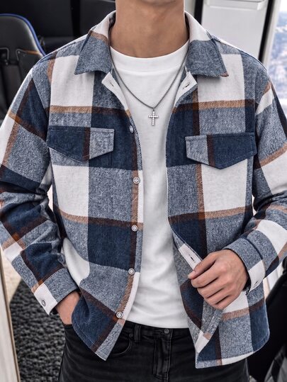 SHEIN Explorewe Teenage Boys' Fashionable Thickened Plaid Flannel Shacket For Outdoor Sports And Street Casual Cute Streetwear Autumn Winter Sixth Form Blue Party