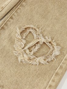 SHEIN Playful Pals 女童休閒牛仔風都會藍色全鬆緊腰心形補丁刺繡寬腿褲，附平口袋，夏季日常時尚首選 - 卡其色 - 查看 11