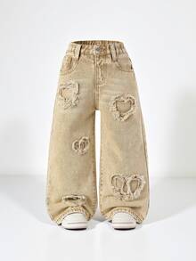 SHEIN Playful Pals 女童休閒牛仔風都會藍色全鬆緊腰心形補丁刺繡寬腿褲，附平口袋，夏季日常時尚首選 - 卡其色 - 查看 4