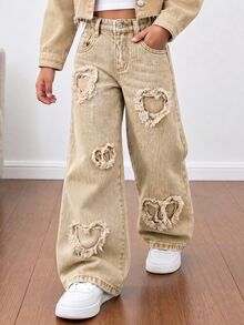 SHEIN Playful Pals 女童休閒牛仔風都會藍色全鬆緊腰心形補丁刺繡寬腿褲，附平口袋，夏季日常時尚首選 - 卡其色 - 查看 3