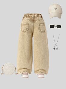 SHEIN Playful Pals 女童休閒牛仔風都會藍色全鬆緊腰心形補丁刺繡寬腿褲，附平口袋，夏季日常時尚首選 - 卡其色 - 查看 5