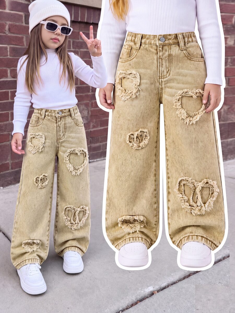 SHEIN Playful Pals 女童休閒牛仔風都會藍色全鬆緊腰心形補丁刺繡寬腿褲，附平口袋，夏季日常時尚首選