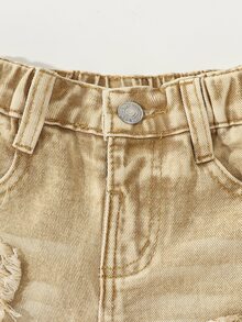 SHEIN Playful Pals 女童休閒牛仔風都會藍色全鬆緊腰心形補丁刺繡寬腿褲，附平口袋，夏季日常時尚首選 - 卡其色 - 查看 9